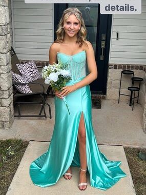Sherri Hill Strapless Beaded Satin Gown in Aqua